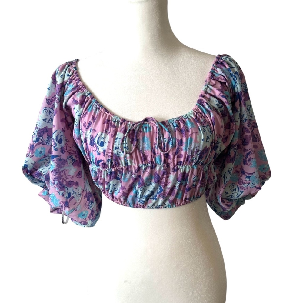 For Love & Lemons Women's Lilac and Blue Floral Belize Crop Top in Size XS